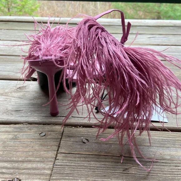 ZARA Mauve Pink Satin Feather Embellished High Stiletto Heel Strappy Sandals 40 - Picture 10 of 11